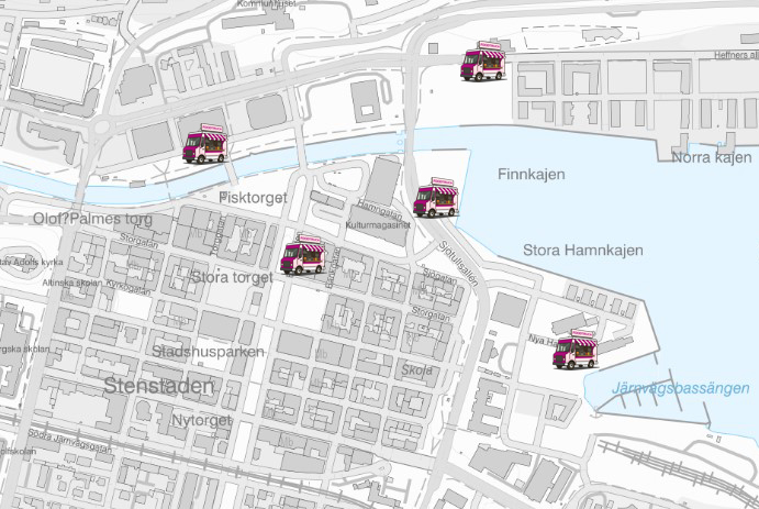 En karta som visar platser för foodtrucks och försäljningsvagnar i centrala Sundsvall.