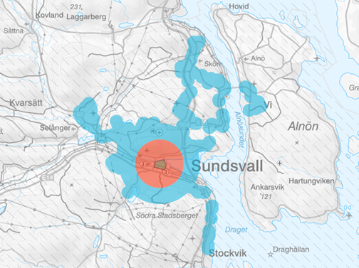 En
kartbild med grön, blå och röd zonindelning över Sundsvall.