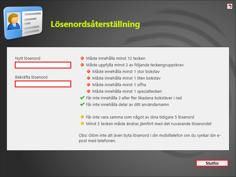 Skärmklipp på tjänsten lösenordsåterställning.