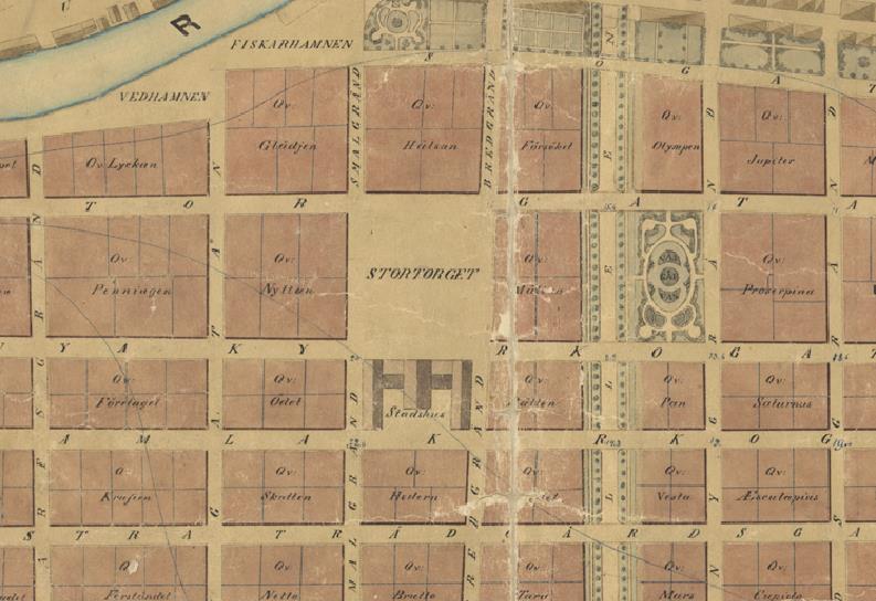 En gammal stadsplan över centrala Sundsvall från 1878.
