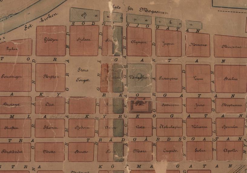 Gammal detaljplan över centrala Sundsvall från 1890.