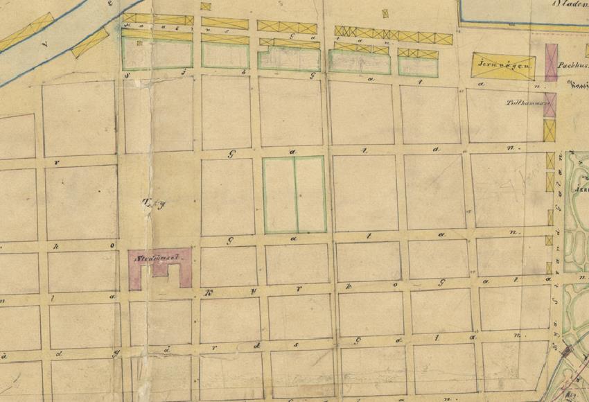 Gammal stadsplan över centrala Sundsvall från 1873.