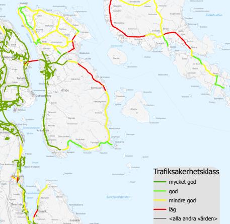 Karta som visar trafiksäkerhetsklassning på Alnön.