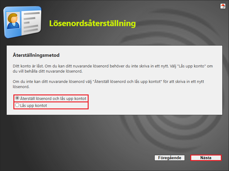 Skärmklipp från tjänsten lösenordsåterställning.