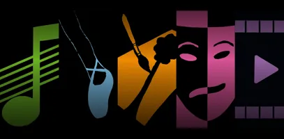 Illustration av en grön musiknot, en blå balettsko, en orangegul palett med en pensel, en rosa teatermask och en lila filmrulle mot en svart bakgrund.