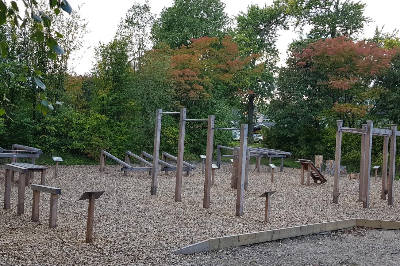 Utegym i tär konstruktion, underlag är sand.
