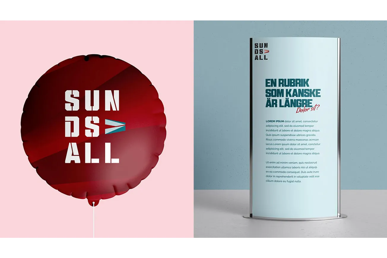Till vänster visas en röd ballong med Sundsvalls logotyp. Till höger visas en fristående skylt med platsvarumärkets grafiska uttryck och exempel på rubrik och brödtext.