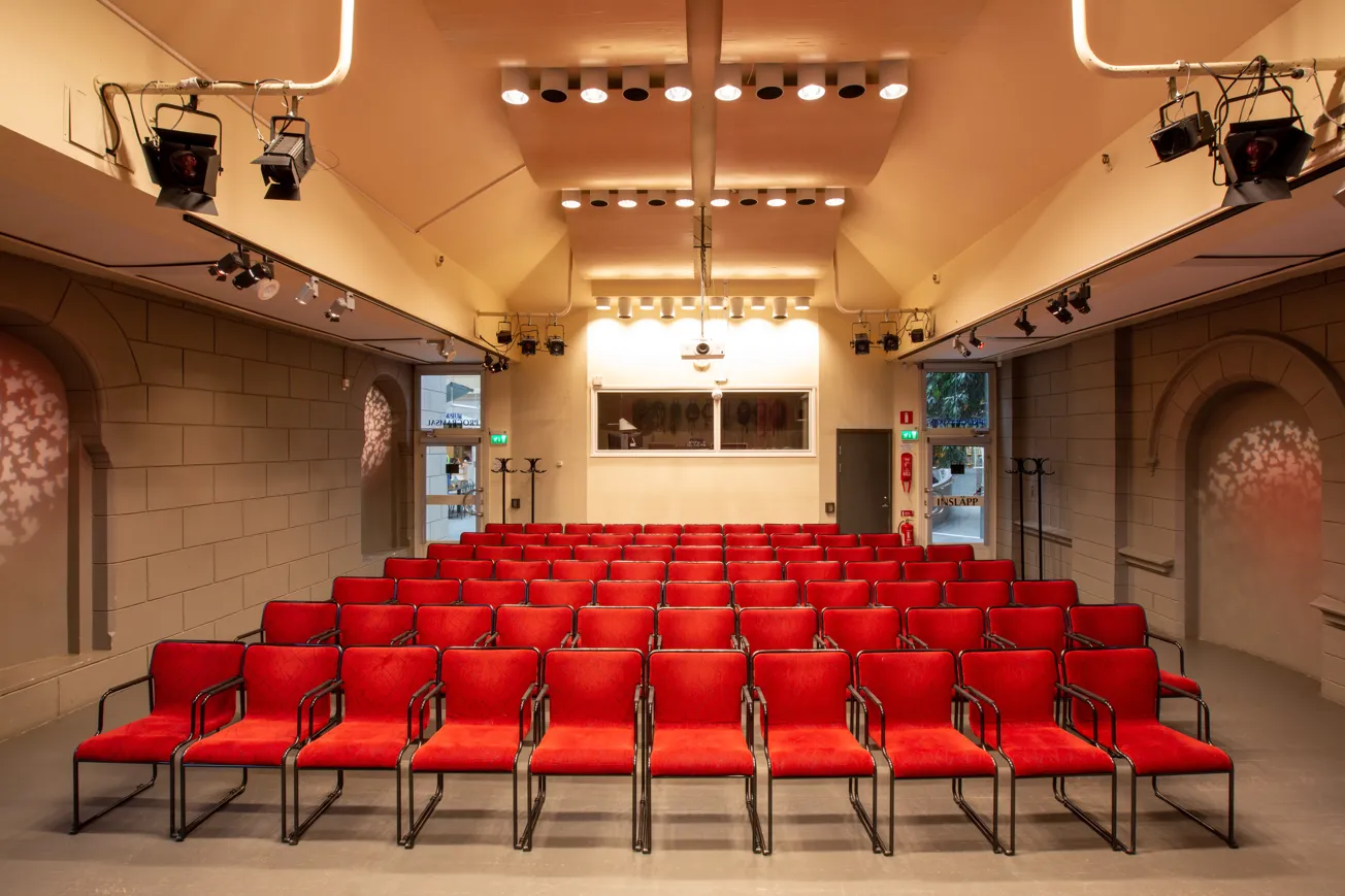 Ett stort rum med röda stola, avsett för föreläsningar, barnteater och filmvisning.