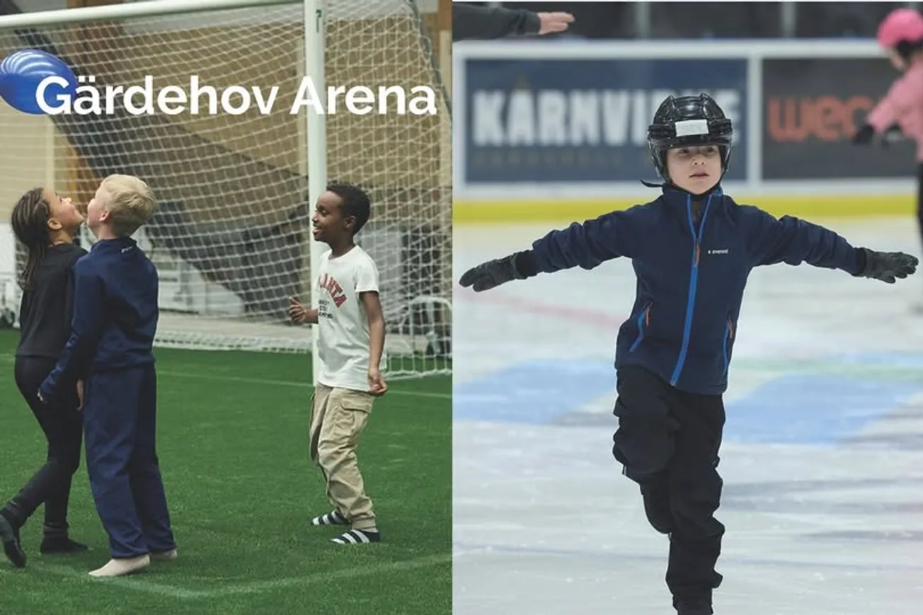 Två bilder, en bild med tre barn som nickar en ballong och en bild där två personer åker skridsko.