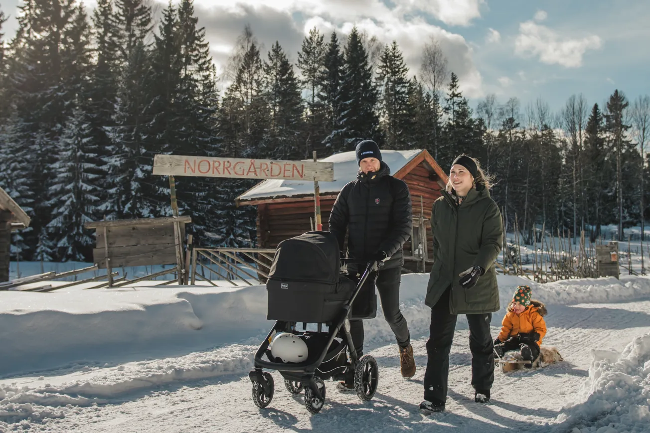 En man och en kvinna står i snön med en barnvagn.