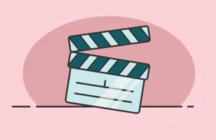 En illustrerad filmklaff på en rosa bakgrund.