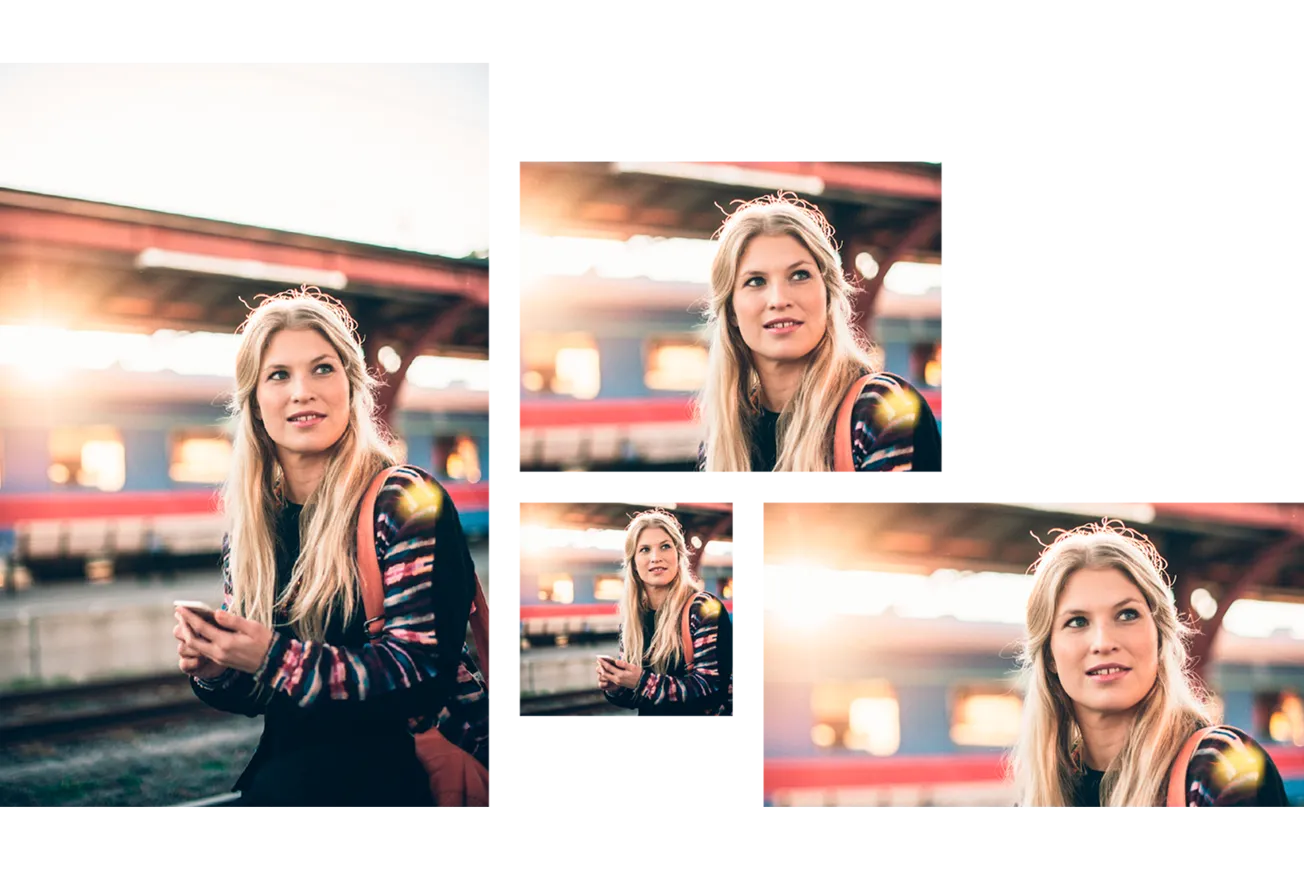 Kollage med fyra bilder med samma bild på en blond kvinna på en tågstation. Men bilderna är beskurna på olika sätt.