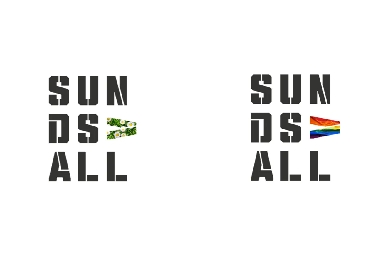 Platsvarumärket Sundsvalls logotyp i två temaanpassade varianter. I den ena versionen har pilformen ett blommigt midsommartema och i den andra versionen är pilformen färgsatt i regnbågsfärger för Pride.