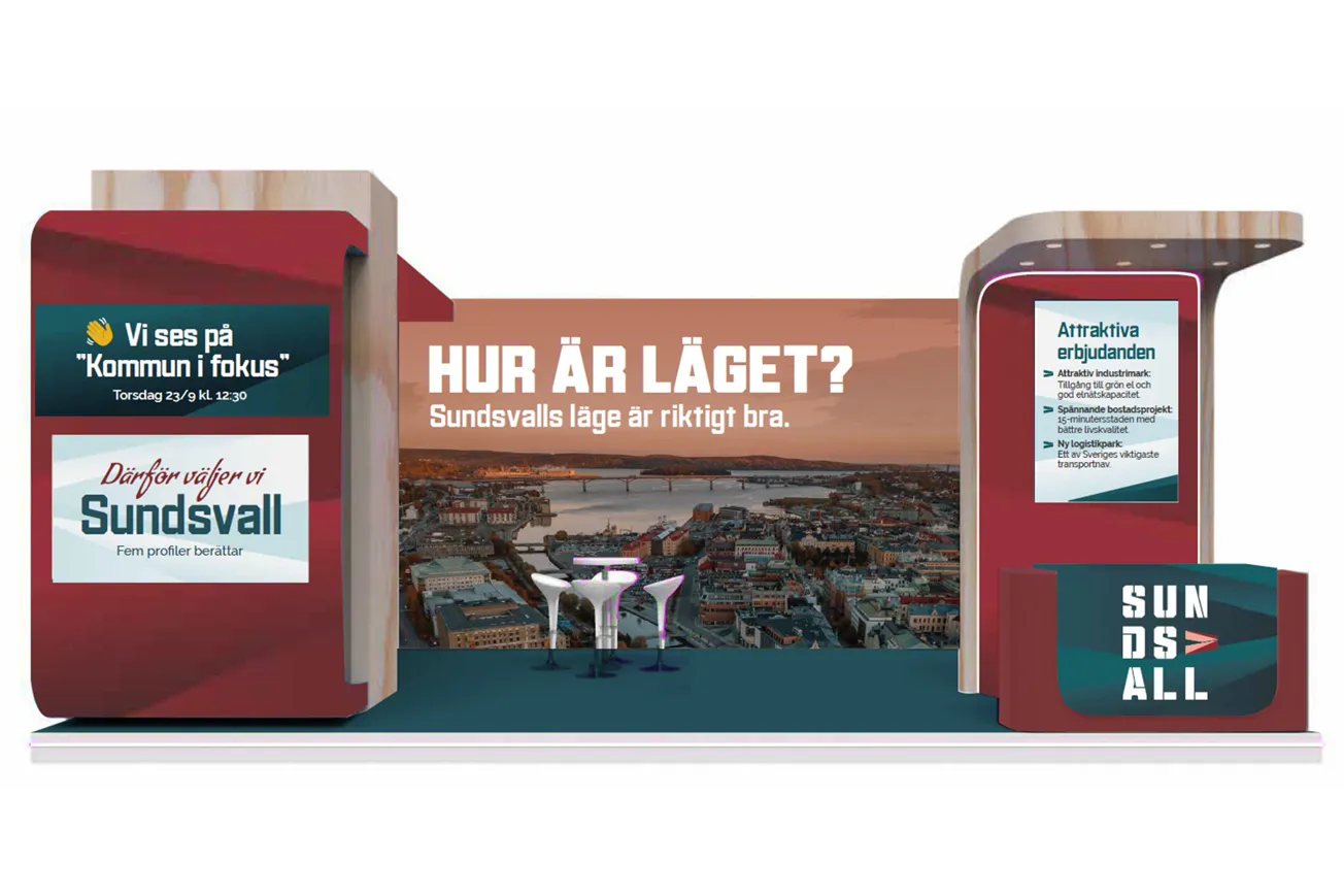 Illustration av en digital mässmonter med platsvarumärket Sundsvall. Montern består av två digitala informationsytor på vardera sida och en stor bakgrund med stadsvy över Sundsvall. I mitten visas rubriken ”Hur är läget? Sundsvalls läge är riktigt bra”. Informationsskärmarna presenterar budskap om kommun i fokus, attraktiva erbjudanden och varför man väljer Sundsvall. Sundsvalls logotyp visas på montern.