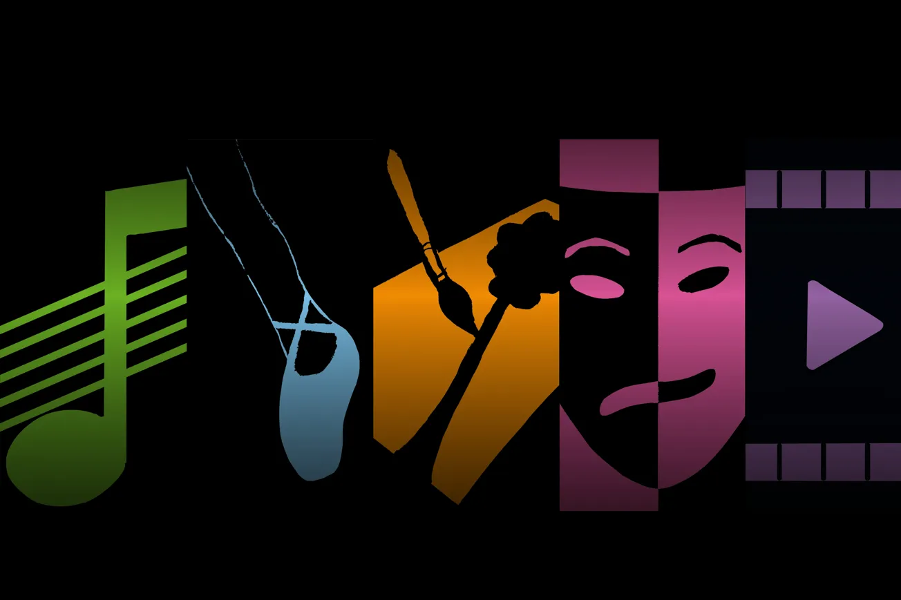 Illustration av en grön musiknot, en blå balettsko, en orangegul palett med en pensel, en rosa teatermask och en lila filmrulle mot en svart bakgrund.