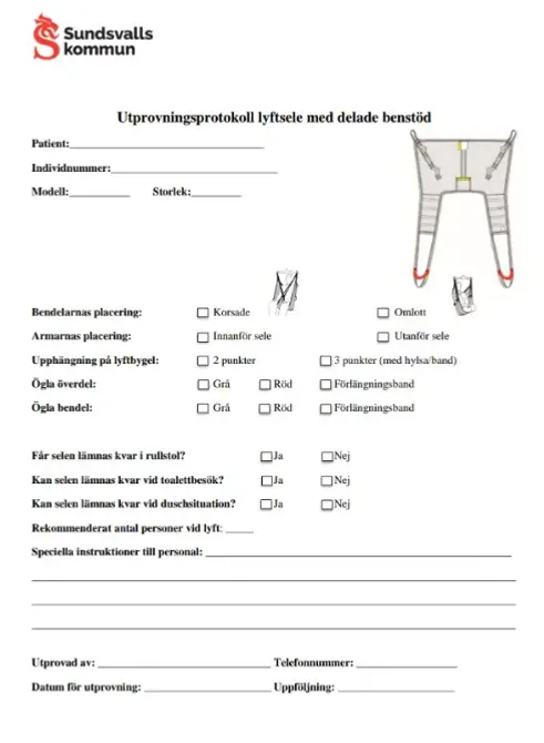 Exempel på hur ett utprovningsprotokoll för en lyftsele med delade benstöd kan se ut.