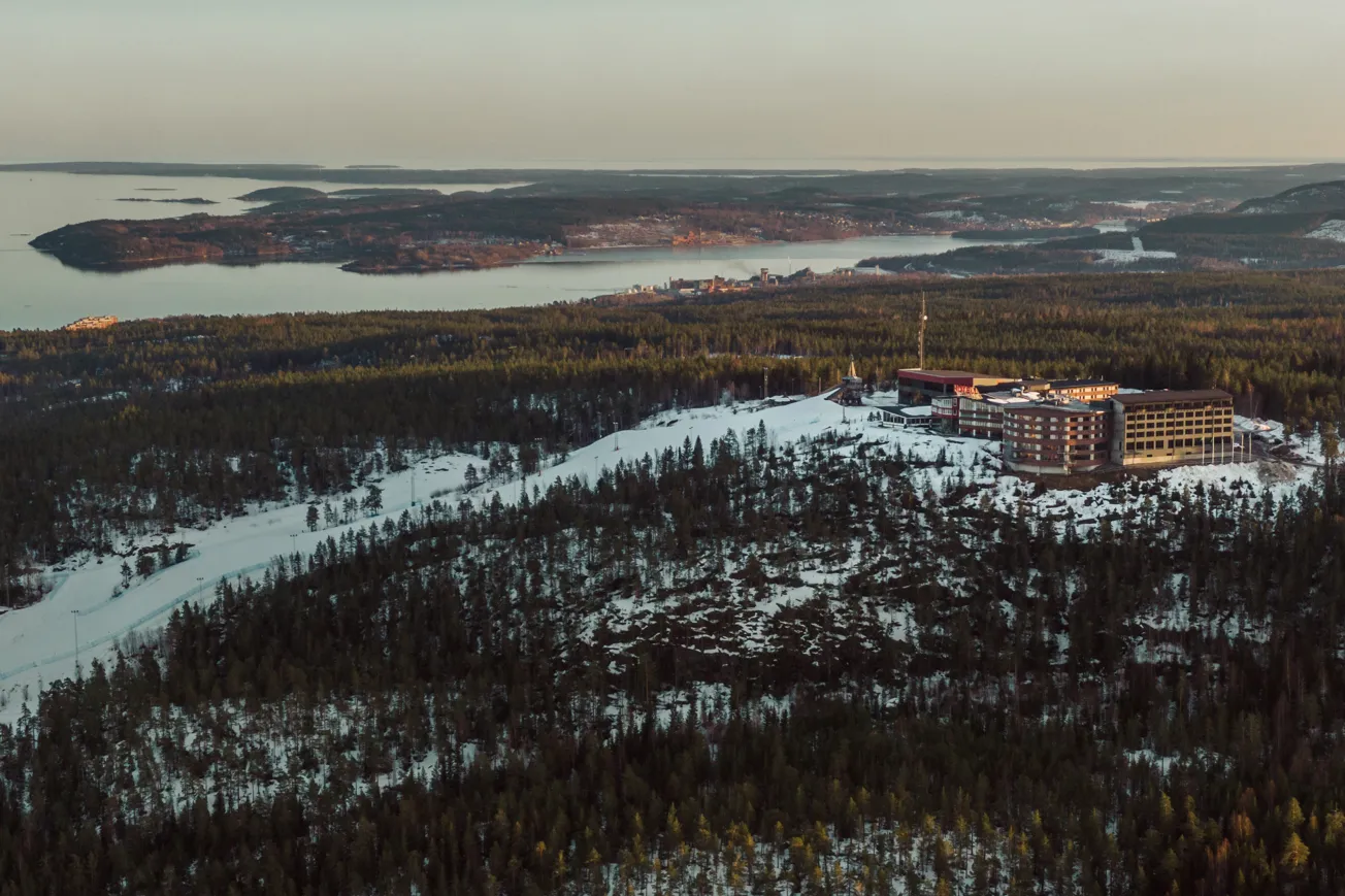 En flygbild av en semesteranläggning omgiven av träd.