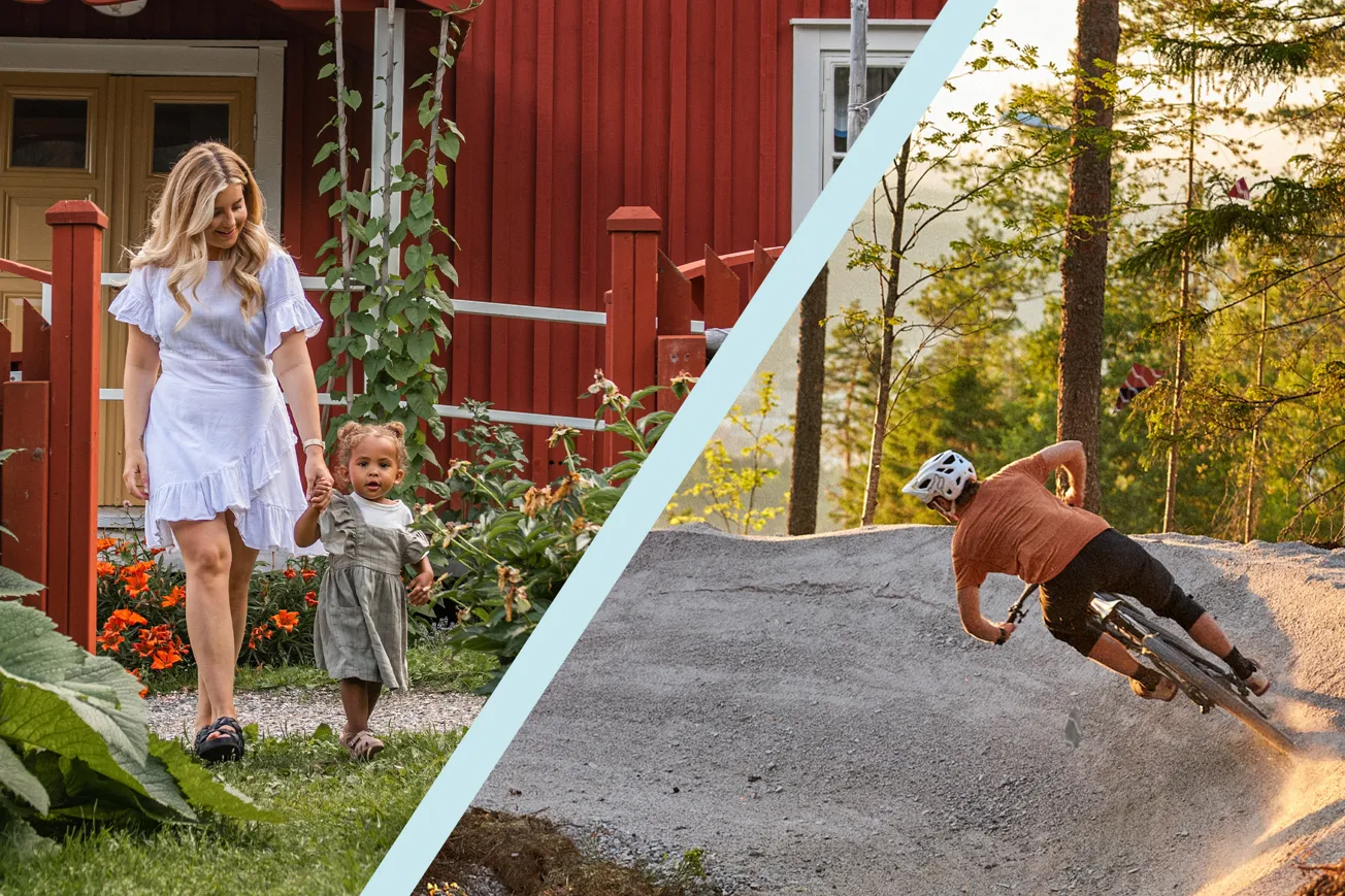 En bild delad i två med en mamma som håller hand med sitt barn i ena bilden och en kille som cyklar på den andra.