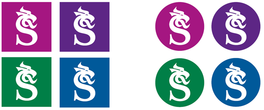 Två grupper av fyra olikfärgade logotyper.