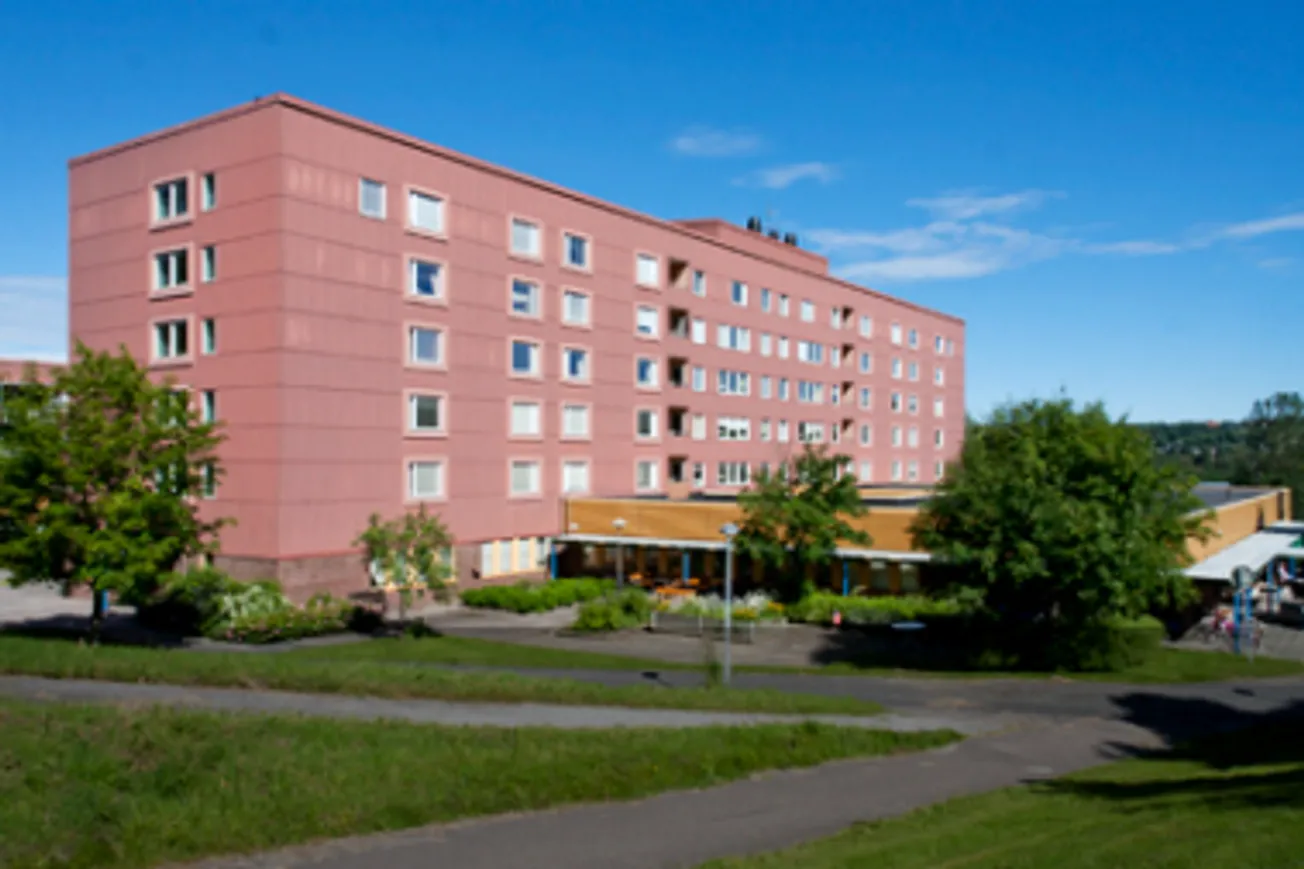 En stor rosa byggnad som ligger vid sidan av en väg.
