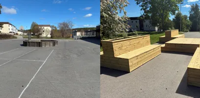 Före- och efterbild av Bosvedjeskolans skolgård. Till vänster syns en asfalterad yta med få inslag av grönska. Till höger syns den färdiga mötesplatsen med trämöbler, planteringslådor och växter.