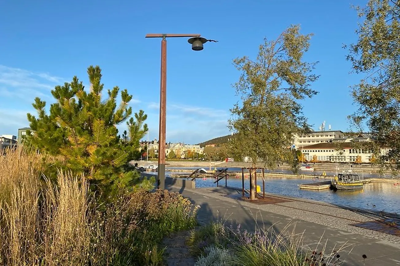 Rosenborgskajen med en båtbrygga i bakgrunden.