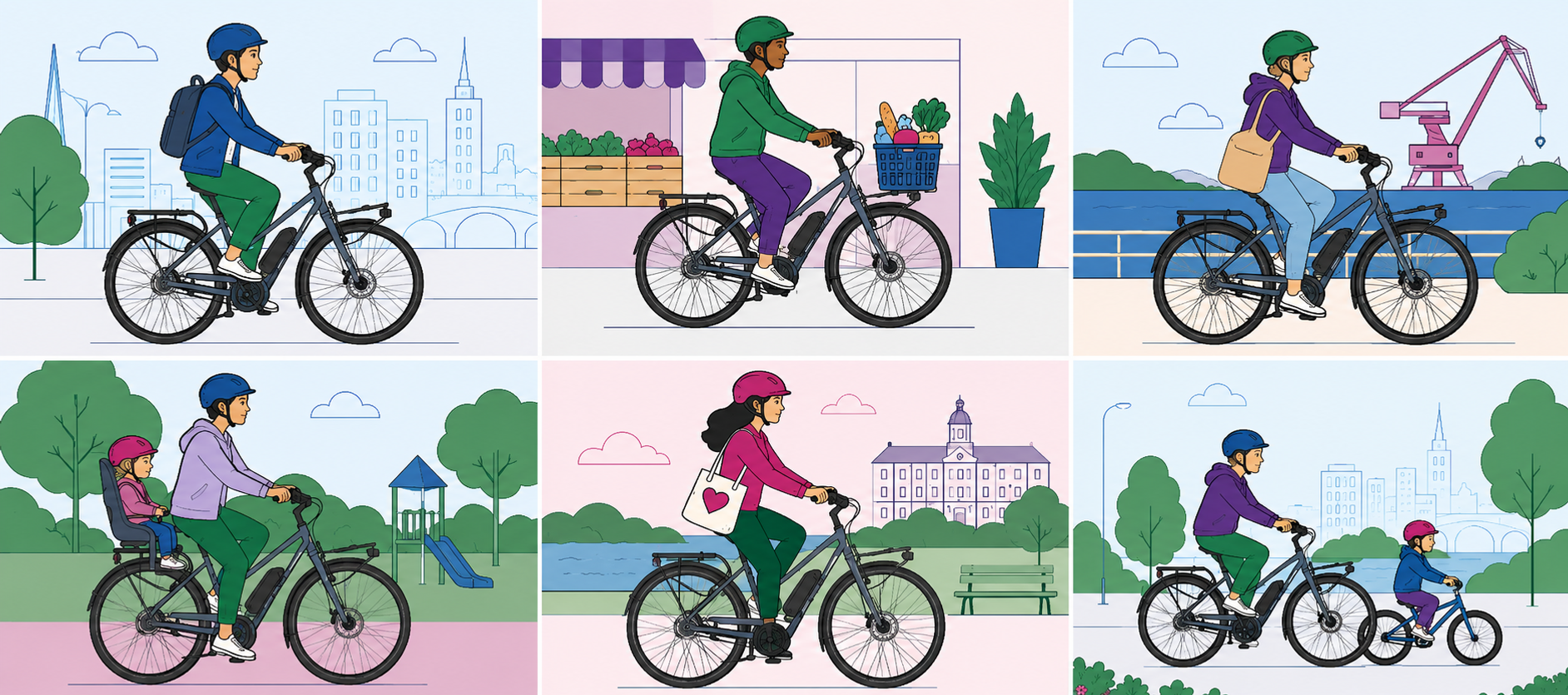 En man och en kvinna som cyklar i olika positioner. Illustration.