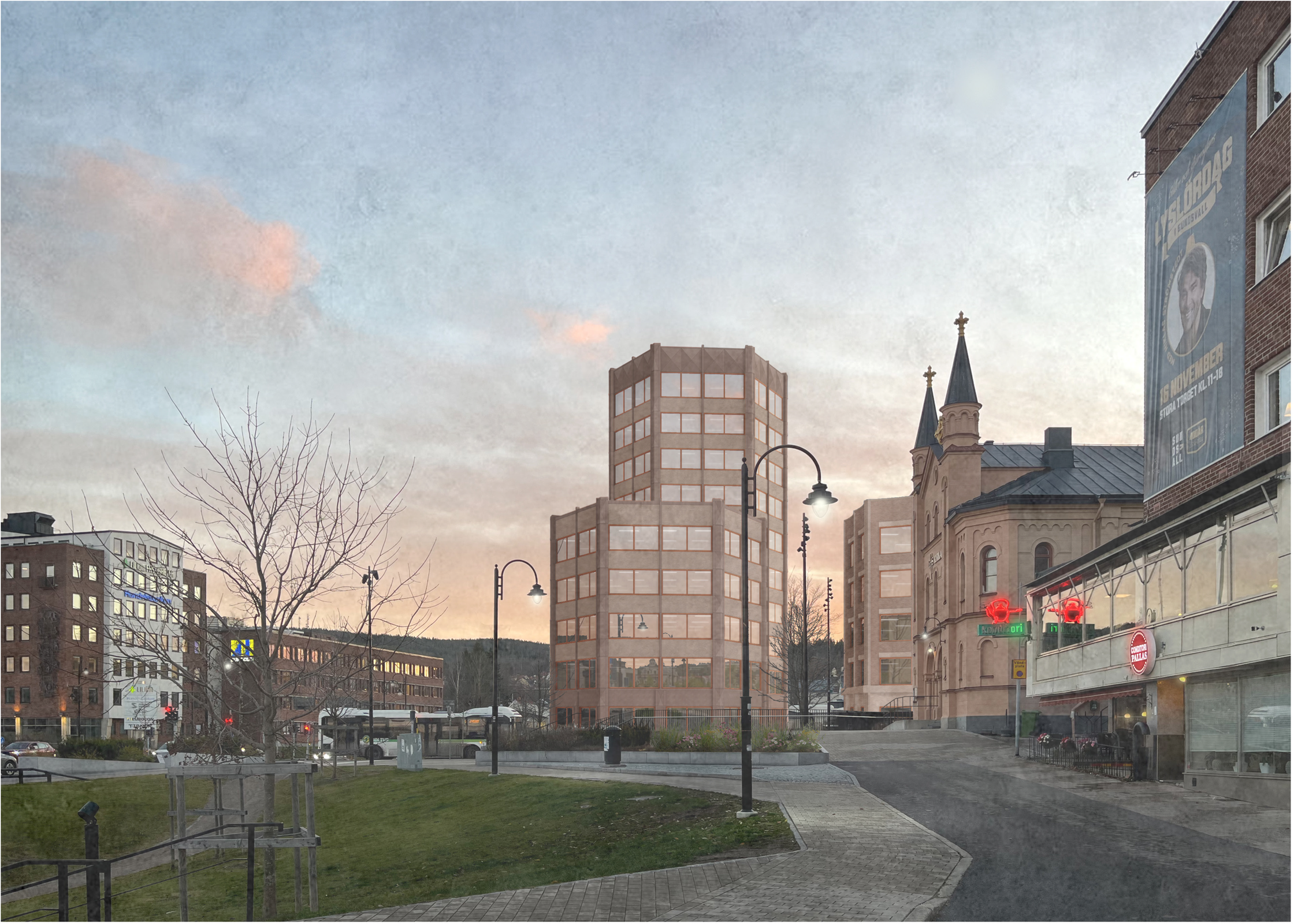 En illustration av två åttakantiga byggnader i Sundsvalls stad.