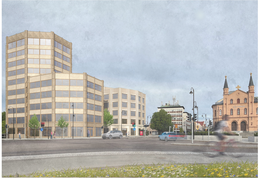 En illustration av två åttakantiga byggnader som ligger bredvid en korsning.