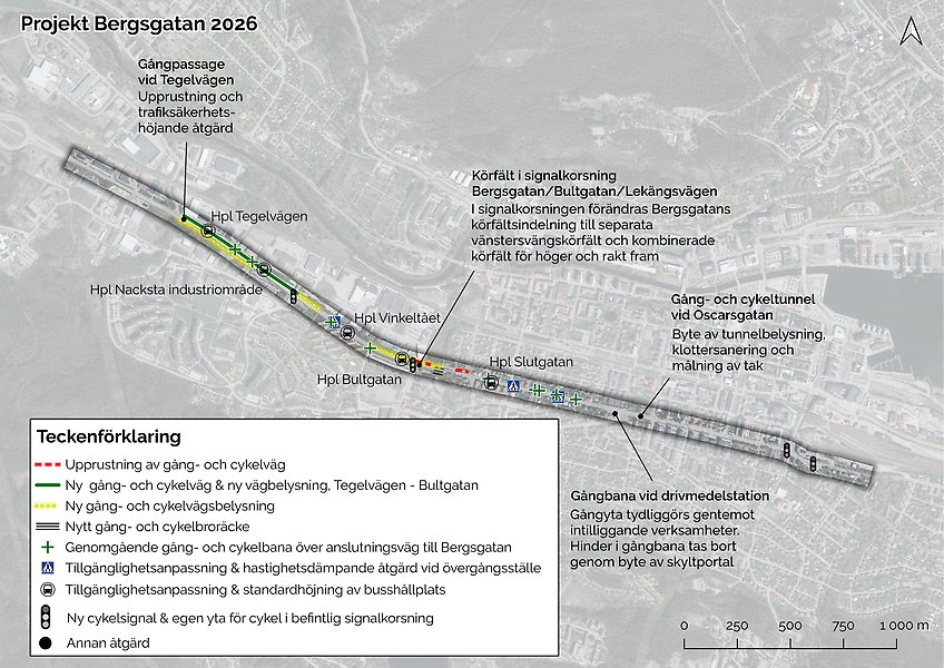 Översiktskarta över de trafiksäkerhets- och tillgänglighetsåtgärder som planeras längs Bergsgatan i Sundsvall under 2026. 