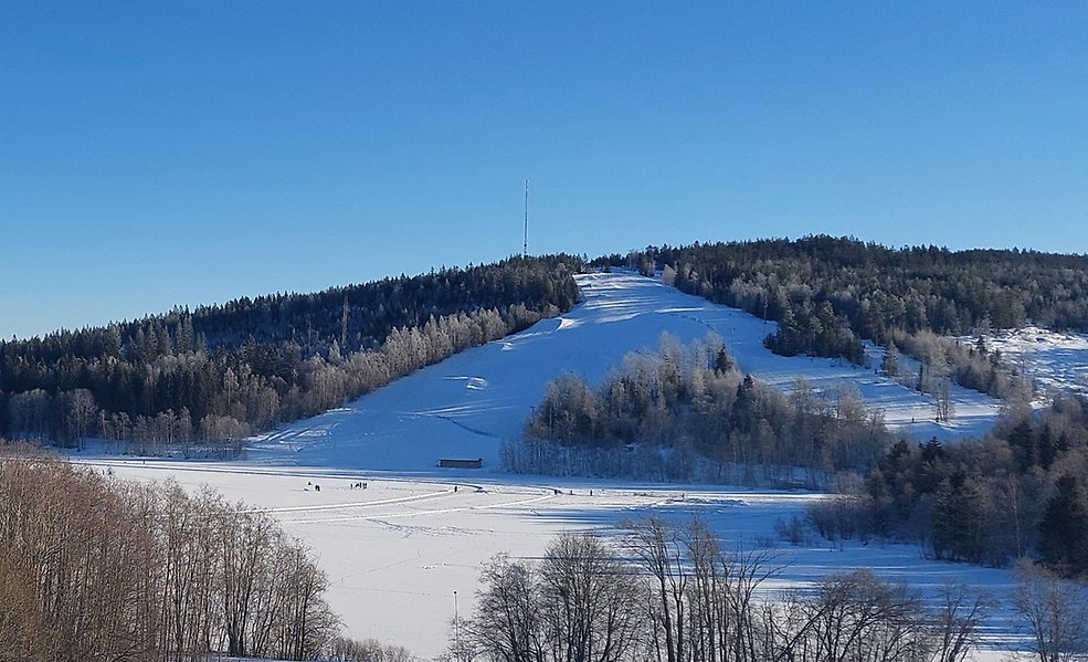 Foto över en snötäckt sjö och slalombacke i ett vinterlandskap.