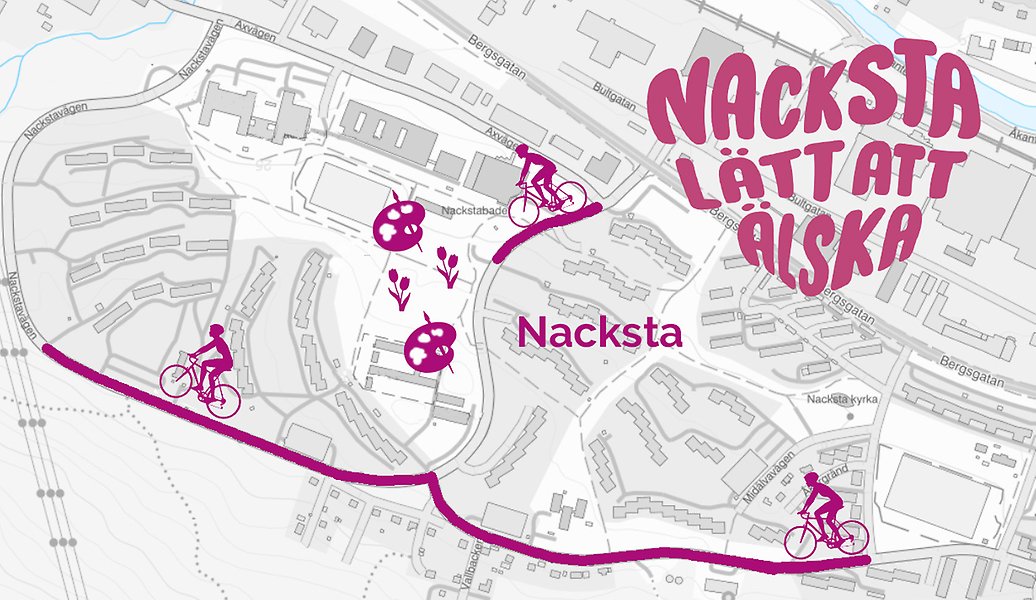 Bilden visar en karta över Nacksta där gång och cykelvägar finns utmarkerade.