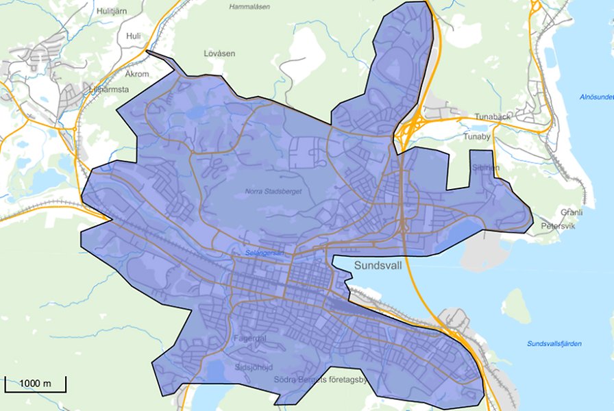Kartbild över Sundsvall som visar var datumparkering gäller i dag.
