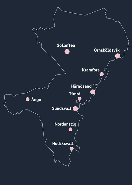 A map of the nine municipalities in Sundsvall & the High Coast Region.