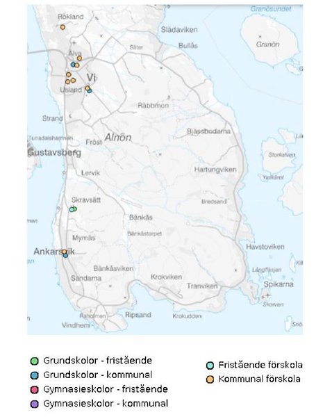 Karta över skolorna på Alnön.