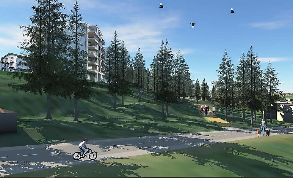 Illustrationen visar hur bostäder skulle kunna se ut vid gamla LV5-området i Sundsvall. Illustration: Sundsvalls kommun.