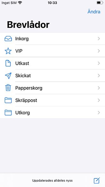 Skärmdump för iPad visar brevlådor.