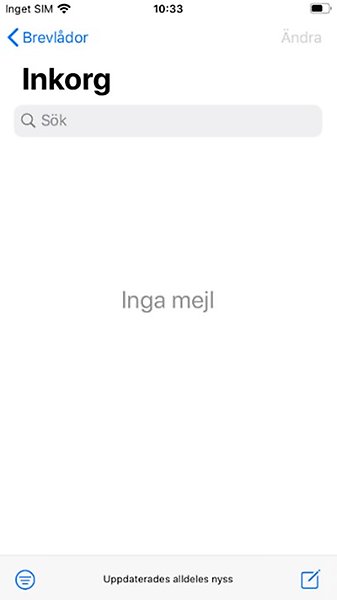 Skärmdump på iPad visar inkorg utan mejl.