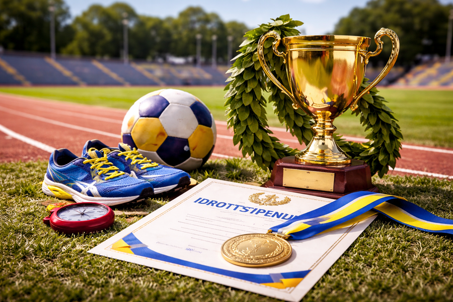 Pokal, medalj, diplom, boll och skor uppställda på en gräsmatta.